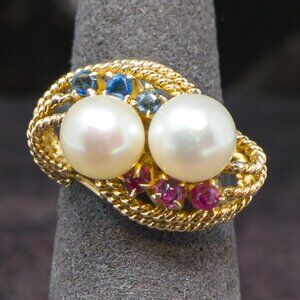 14K Gold Pearl Ring with Sapphire & Ruby Accents – Double Pearl Design – Size 5